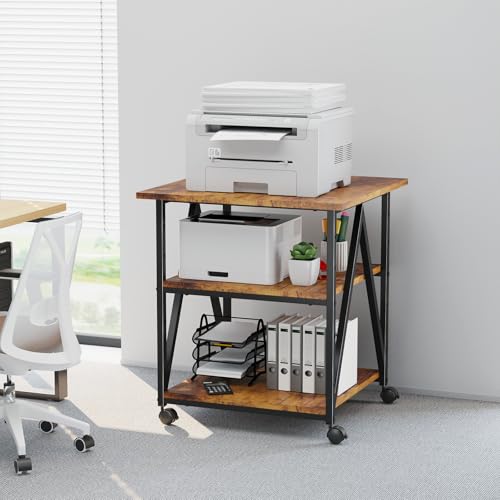 Arbuxzuy 3-Tier Printer Stand, Large Printer Table with Storage, Industrial Printer Storage Cart with Wheels, Rolling Printer Stand for Heat Press Scanner Fax, Brown - color: Brown