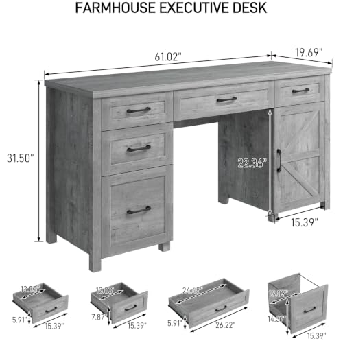 Halitaa Farmhouse 61'' Executive Desk with 5 Drawers,Grey | Rustic Office Desk, File Drawers and Storage Cabinet, Wood Workstation for Study and Home Office - color: Grey, size: 61''W with 5 Drawers