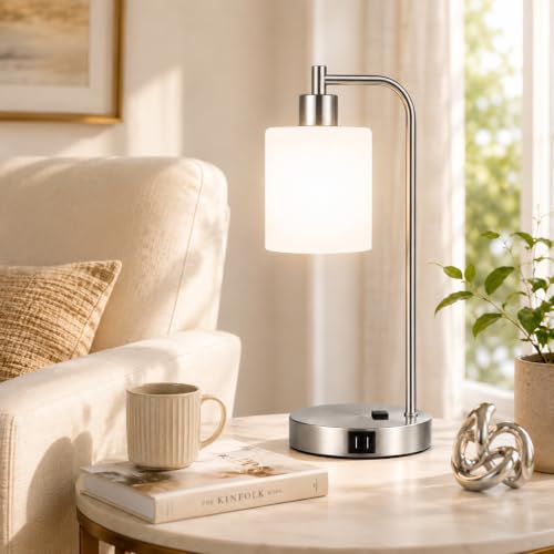 Set of 2 Industrial Touch Control Table Lamps with 2 USB Ports and AC Outlet - 3-Way Dimmable Nickel Bedside Lamp Nightstand Desk Lamps for Bedroom Living Room, Opal Glass Shade & 2 LED Bulbs Included - color: Nickel(2 pack)-Opal Glass-Touch Control