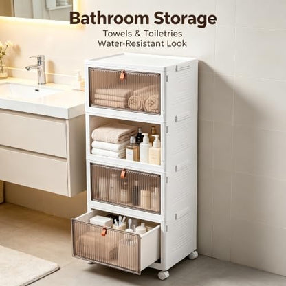 4-Tier Foldable Plastic Drawer Storage with Wheels,Stackable Storage Bins with Lid,Organization and Storage Boxes for Kitchen,Cloakroom,Closet,Living Room,Office and Dorm - size: 15.35''