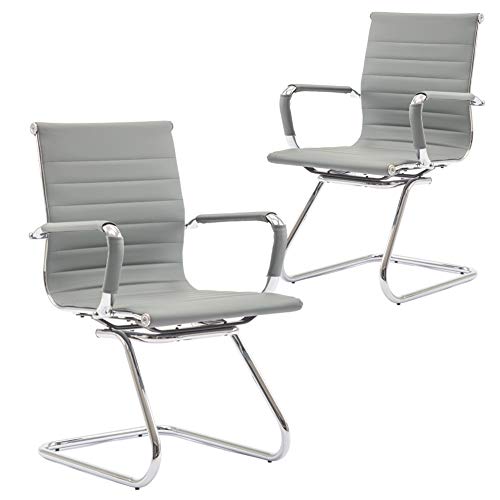 Conference Room Chairs Set of 2, Waiting Room Chairs with Arms, Faux Leather Reception Chairs No Wheels, Office Guest Chairs with Mid Back Support and Chrome Sled Base, Grey - color: Grey, size: 2PCS