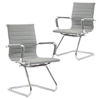 Conference Room Chairs Set of 2, Waiting Room Chairs with Arms, Faux Leather Reception Chairs No Wheels, Office Guest Chairs with Mid Back Support and Chrome Sled Base, Grey - color: Grey, size: 2PCS