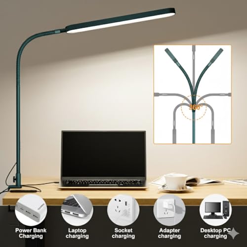 SKYLEO LED Desk Lamp - Desk Light for Home Office - Flexible Gooseneck - 5 Color Modes X 11 Brightness Levels - 1300LM - Timmer & Memory Function - 12W Clip on Light - Green - style: Green gooseneck