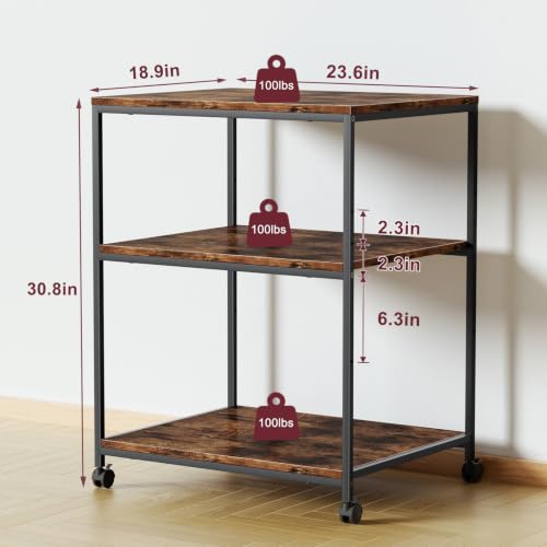 Large Printer Table with Storage, 3 Tier Printer Stand for Home Office, Rolling Printer Cart with Wheels, for Shredder Scanner Fax (Brown) - color: Brown