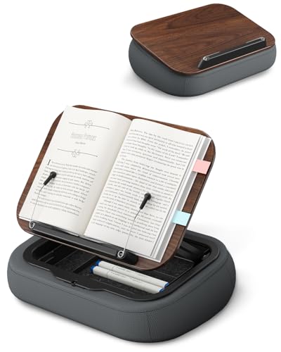 Viozon Lap Book Pillow Stand with Storage, Adjustable Beanbag Reading Pillow with Dark Wood Panel, Multi-Angle Book Holder for Hands-Free Reading in Bed or Sofa,Book Lover Essential,Soft Cushion - color: Dark Wood
