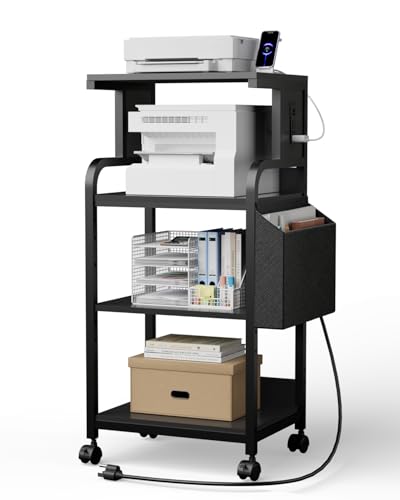 4-Tier Tall Printer Stand with Storage Adjustable Shelf and Bag - color: Black, size: 20.9''x15.7''