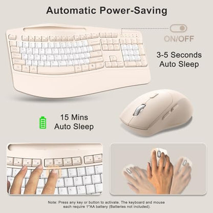 Wireless Keyboard and Mouse Combo, Ergonomic Wave Keys(Milk Tea-B) - color: Milk Tea-B