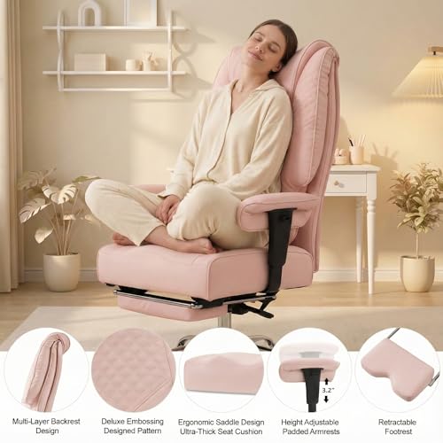 EXCEBET Big and Tall Office Chair 400lbs Wide Seat, Leather High Back Executive Office Chair with Foot Rest, Ergonomic Chairs Lumbar Support for Lower Back Pain Relief (Light Pink) - color: Bright Pink
