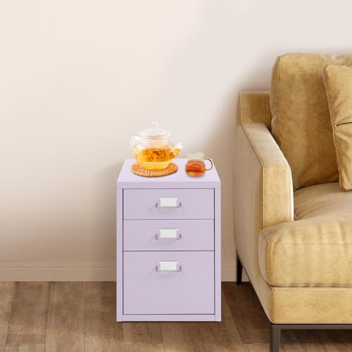 3 Drawers File Cabinet, 16*11*18.9In Aluminum Alloy Mobile Filing Cabinet Rolling Filing Cabinets Rectangular Storage Cabinets with Lock&4 Wheels for Kitchen Bedroom Living Room (Purple) - color: Purple