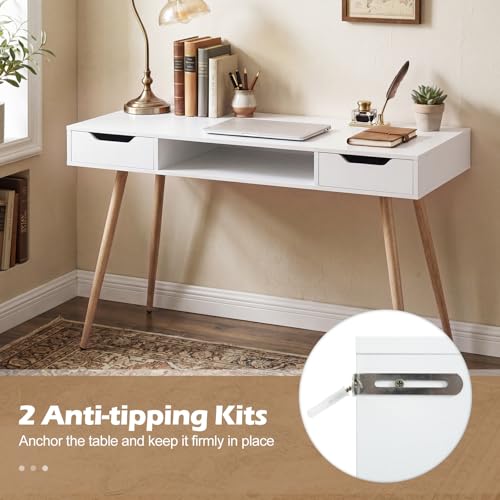 Tangkula Mid Century Modern Desk Simple Computer Desk | White Writing Desk Vanity Table w/2 Drawers & Open Center Storage, Small Wooden Study Table for Home Office & Compact Spaces - color: White