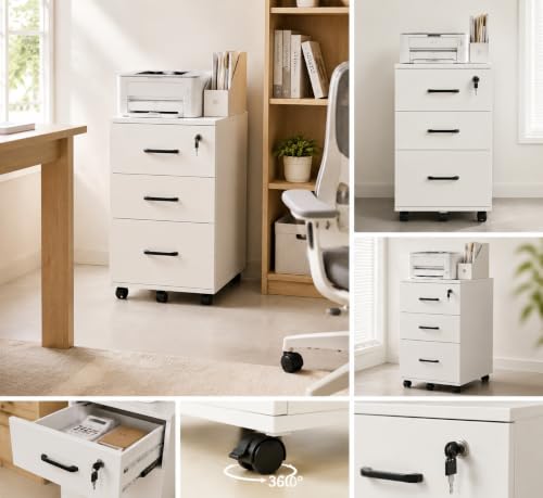 Lockable 3-Drawer Mobile Filing Cabinet with Wheels, Heavy-Duty Vertical Under Desk Storage & Printer Stand, Compatible with A4, Letter, Legal Size Hanging Files Home Office Use (White) - color: White
