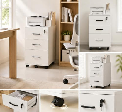 Lockable 3-Drawer Mobile Filing Cabinet with Wheels, Heavy-Duty Vertical Under Desk Storage & Printer Stand, Compatible with A4, Letter, Legal Size Hanging Files Home Office Use (White) - color: White