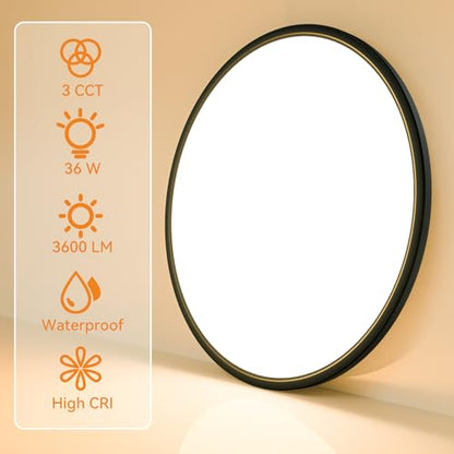 slochi 1PACK LED Flush Mount Ceiling Light Fixture, 3000K-4500K-6000K & 150W Equivalent Modern Kitchen Ceiling Lamp 36W 3600Lm 16 Inch Closet Round Surface for Bathroom Laundry Bedroom Hallway, Black - color: Black, size: 16Inch-1Pack