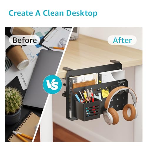 PEGZONE Desk Side Storage Organizer, Fits Flat Edge 0.4" to 2.2", Black | No Drill Under Desk Laptop Holder, Clamp on Desks Shelf with Pegboard Accessories, Hanging Laptop Mount - color: Black