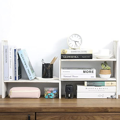 MyGift Adjustable Whitewashed Solid Wood Desktop Storage Organizer Display Shelf Book Rack, Office Desk Bookshelf - color: Whitewashed