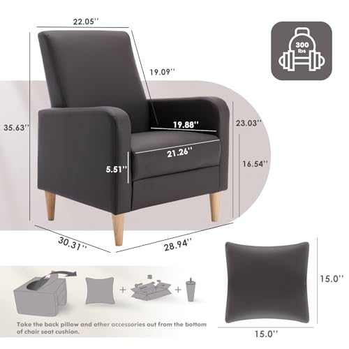 COLAMY Mid-Century Modern Accent Chair, Faux Leather Upholstered Living Room Chair with Back Pillow & Solid Wood Legs, Comfy Armchair for Living Room, Bedroom, Single Sofa, Dark Brown - color: Dark Brown, size: Set of 1