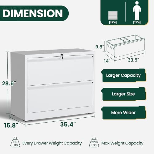 2 Drawer Lateral File Cabinet, Metal Filing Cabinet for Home Office, White | Heavy-Duty Steel Locking File Cabinet, Hanging Letter/Legal/A4 Size, Full-Extension Drawer, Assembly Required - color: White, size: 2 Drawers (35.43 in Width)