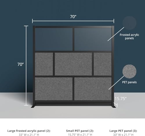 Stand Up Desk Store Expanse Modular Wall | 70'' x 70'' Wall | Expandable Partition Room Divider with Rearrangeable Frosted Acrylic & Sound Absorbent Panels (Black Frame) - size: 70" x 70"