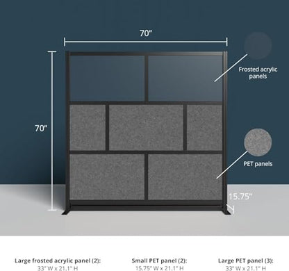 Stand Up Desk Store Expanse Modular Wall | 70'' x 70'' Wall | Expandable Partition Room Divider with Rearrangeable Frosted Acrylic & Sound Absorbent Panels (Black Frame) - size: 70" x 70"