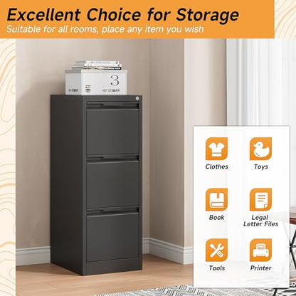 Bestoo File Cabinet, 3 Drawer Filing Cabinet with Lock, Metal File Cabinet - color: Black, size: 3Drawer-Vertical-38.3"H