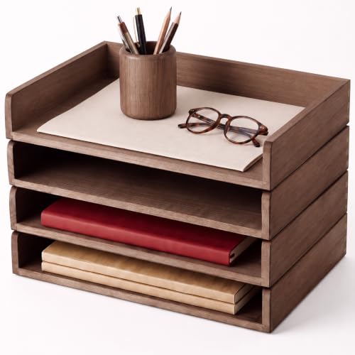 Yeaqee 4 Pcs Stackable Organizer Tray Wood Desk Organizer, Dark Wood Color - color: Dark Wood Color
