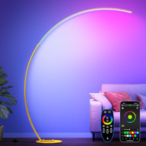 RGB Floor Lamp with 3 Color Temperatures, Ultra Bright 1800LM Smart Arc LED Floor Lamp with Remote Control, Music Sync, Scene Modes, Modern Standing Tall Lamp for Bedroom Living Room Gaming Rooms-Gold - color: Gold-RGBCCT