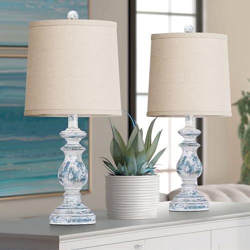 Traditional Table Lamp Set of 2, Rustic Farmhouse Table Lamps for Living Room Bedroom, 22" Bedside Desk Lamps Vintage Nightstand Lamps with Linen Shades, Washed Blue - color: Washed Blue