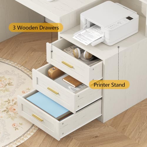 TVU 65" White Computer Desk with Drawers and Printer Stand for Home Office - color: White