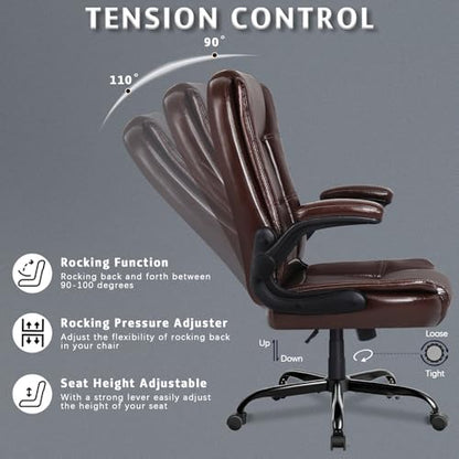 LEMBERI Flip-up Arms Office Desk Chair Big and Tall Managerial Executive Chair, High Back Computer Chair Ergonomic Adjustable Height PU Leather Chairs with Armrest for Long Time Sitting - color: New Brown