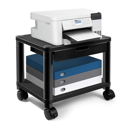 Under Desk Printer Stand with Wheels, Rolling Printer Cart with Lockable Wheels, 2-Tier Printer Table with Storage Drawer for Home&Office (Black)