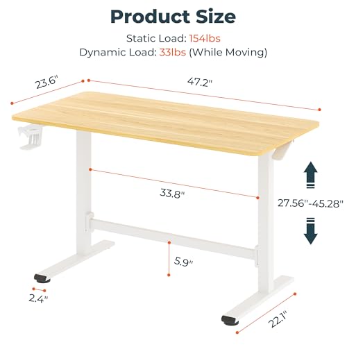 48''Pneumatic Standing Desk,Onepiece Adjustable Height Home Office | Maple 47.2" x 23.6'' Large Home Desk Rolling Computer Workstation with Hooks & Cup Holder,Hidden Casters - color: Maple, size: 4724