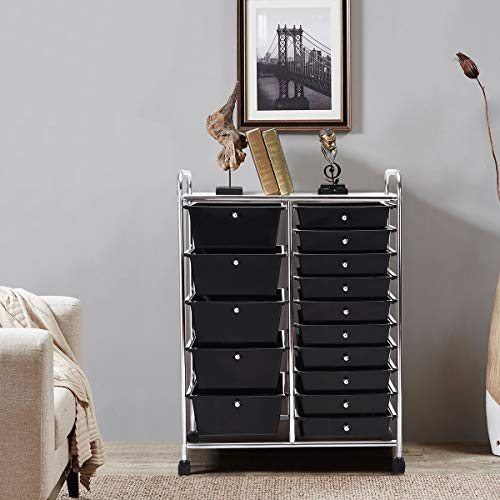 RELAX4LIFE 15 Drawer Rolling Storage Cart, Mobile Drawer Carts for Craft Art Supply Paper Salon, Utility Cart on Wheels for Classroom Teacher School Office, Rolling Cart with Drawers (Black) - color: Black, style: 15 Drawers-34.5"