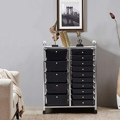 RELAX4LIFE 15 Drawer Rolling Storage Cart, Mobile Drawer Carts for Craft Art Supply Paper Salon, Utility Cart on Wheels for Classroom Teacher School Office, Rolling Cart with Drawers (Black) - color: Black, style: 15 Drawers-34.5"