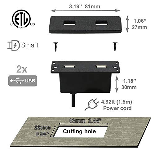 Powered USB C Hub Socket Recessed USB C Power Strip Outlet with Fast Charge 4 USB Ports 20W Mounted into Bed Desk Table Sofa