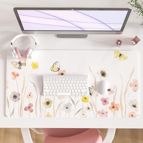 Faux Leather Large Mouse Pad, Office Desk Mat, 31.5"x15.7", Butterflies - color: Floral Butterflies, size: 31.5L x 15.7W inches
