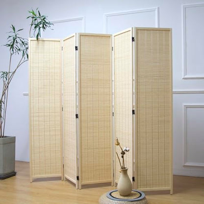 Furnnylane 5 Panel Bamboo Room Divider – 5.6 ft Tall Folding Privacy Screen, Natural Beige Freestanding Room Partition Wall for Home Office (67" x 76.75", 5-Panel) - color: Beige, size: 5 Panel