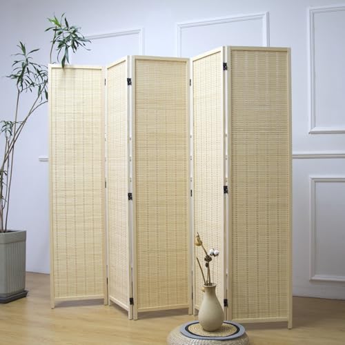 Furnnylane 5 Panel Bamboo Room Divider – 5.6 ft Tall Folding Privacy Screen, Natural Beige Freestanding Room Partition Wall for Home Office (67" x 76.75", 5-Panel) - color: Beige, size: 5 Panel