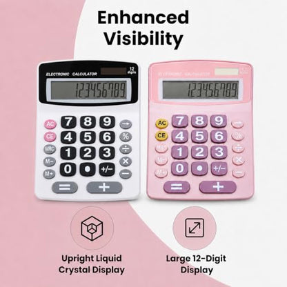 Lily's Home Jumbo 12-Digit Desktop Calculator Set of 2 (Pink & White), Solar/Battery Dual Power, Large Tilted LCD Display, Big Button Design, Quiet Operation, for Office, School, Business & Home Use - color: Pink&White