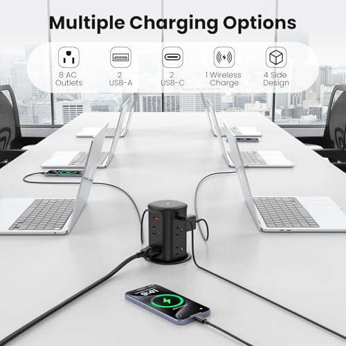 VILONG Pop Up Countertop Outlet with 15W Wireless Charger,4 USB/8 AC - color: Black, size: 65W