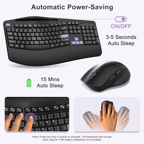Wireless Keyboard and Mouse Combo, Full Size Ergonomic Wave Keys(Purple-B) - color: Purple Black