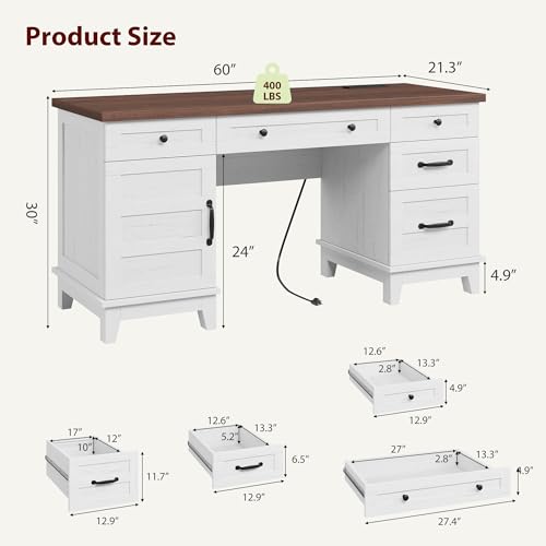 GarveeHome Executive Desk with File Drawers, Farmhouse Home Office Desk with Charging Station, 60 in Wooden Computer Desk with Cabinet Storage for Work Study Writing, White Walunt - color: White Walunt