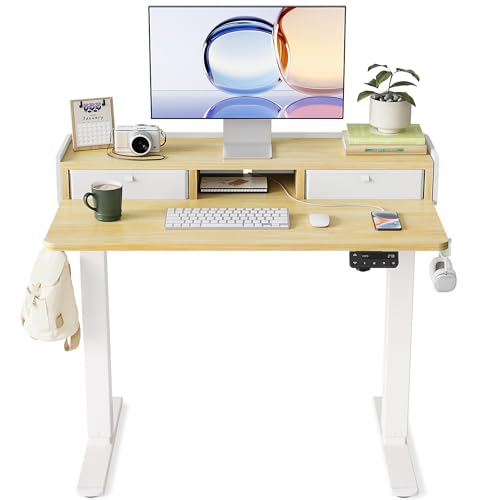 YIHAYO Electric Standing Desk with Drawers, 40 x 24 Inches Adjustable Desk with Storage Shelf, Stand Up Desk with Splice Board, Computer Table for Home Office, White Frame/Natural Top - color: White Frame/Natural Top, size: 40*24 Inch