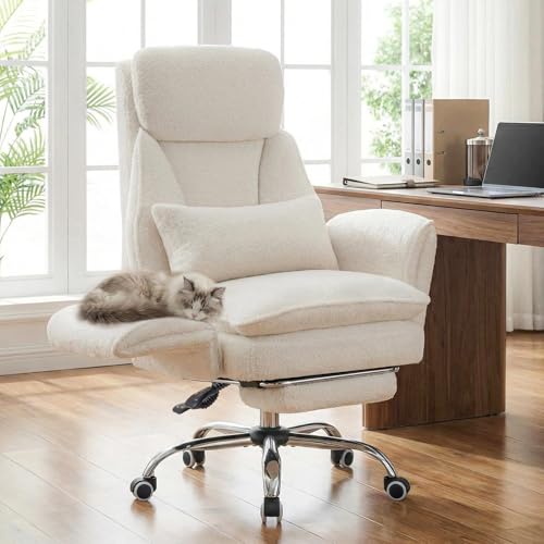 Criss Cross Office Chair with Armrests & Wheels, Big and Tall Office Chair with Footrest, Flip Armrests for Pets, Wide Seat Cross Legged Desk Chair, Ergonomic Computer Chair, Teddy, White - color: White