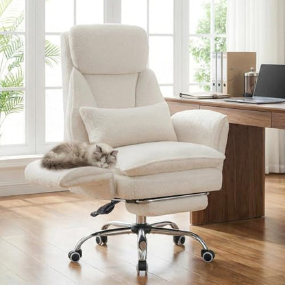 Criss Cross Office Chair with Armrests & Wheels, Big and Tall Office Chair with Footrest, Flip Armrests for Pets, Wide Seat Cross Legged Desk Chair, Ergonomic Computer Chair, Teddy, White - color: White