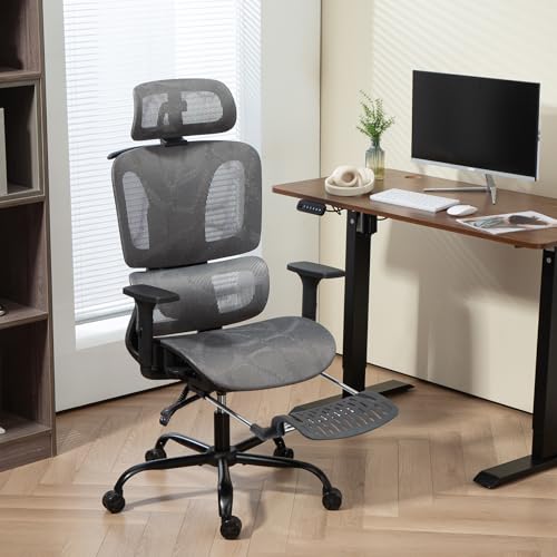 Grey Mesh Ergonomic High Back Office Chair with Footrest | Adjustable Lumbar Support, Headrest, Armrests, Reclining, Swivel, Rolling Casters, Sturdy Base, for Home Office & Gaming - color: Grey, style: Upgrade w/ footrest