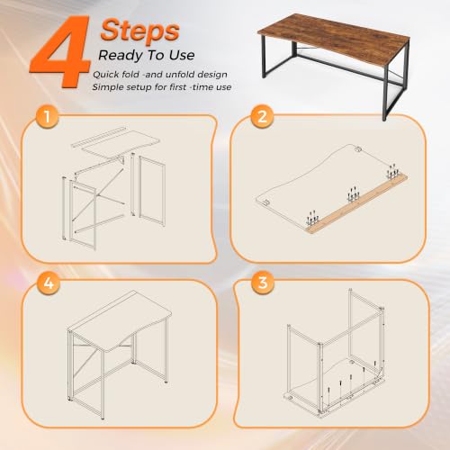 Huuger Folding Desk for Small Spaces, 47.2 Inch Foldable Computer Table - color: Rustic Brown, size: 18.9"D x 47.2"W