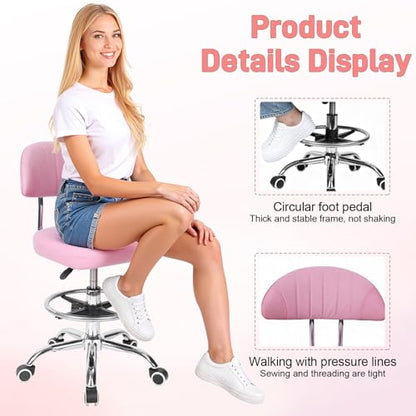 Height Adjustable 360° Swivel Drafting Chair – Ergonomic Office Chair with Backrest & Foot Rest, 220lbs Load Capacity, Rolling Computer Stool for Home Office, Studio, Dental, Salon Pink - color: Pink
