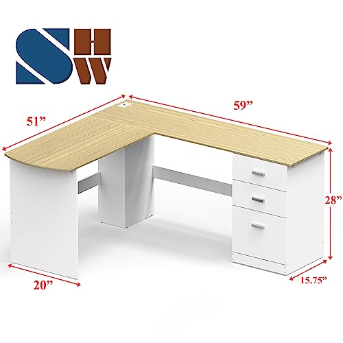 SHW L-Shaped Home Office Wood Corner Desk w/Box Box File Drawers, Oak - color: Oak