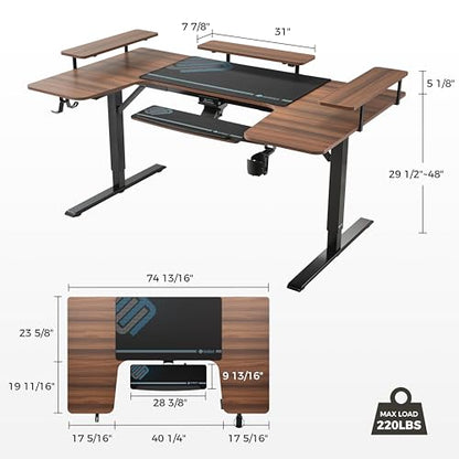 EUREKA ERGONOMIC Gaming Standing Desk with Keyboard Tray,74" U Shaped Studio Desk for Recording&Live,Electric Height Adjustable Desk w LED Convertible Shelves,Walnut