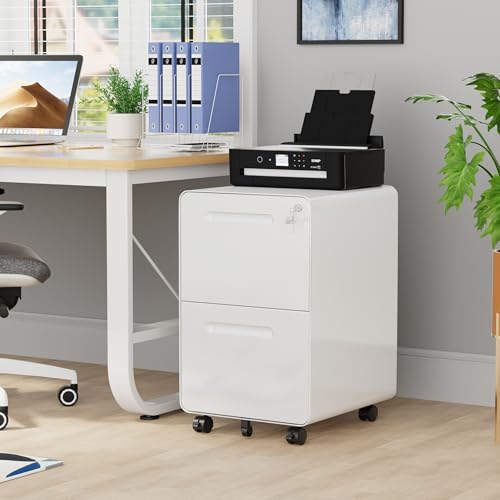 2 Drawer Mobile File Cabinet with Lock and 4 Keys | Metal Filing Cabinet for Home Office, Under Desk, Pre-Assembly, File Drawer, Letter/Legal/A4 Hanging File Folders - color: White, size: 25.8"H*15.7"W-2 Drawers